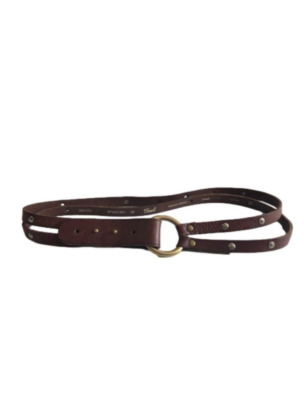 Fossil Size S vintage brown leather belt. Double strap ring closure studded